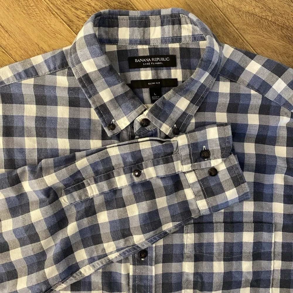 Banana Republic Luxe‎ Flannel Slim Fit Mens Large Check Button Down Blue White